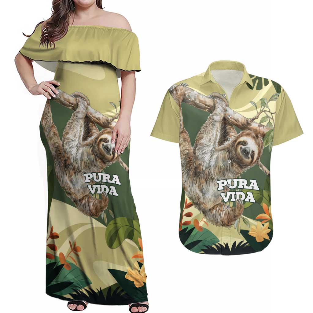 Pura Vida Costa Rica Sloth Couples Matching Off Shoulder Maxi Dress and Hawaiian Shirt Tropical Flowers Vintage Color - Wonder Print Shop