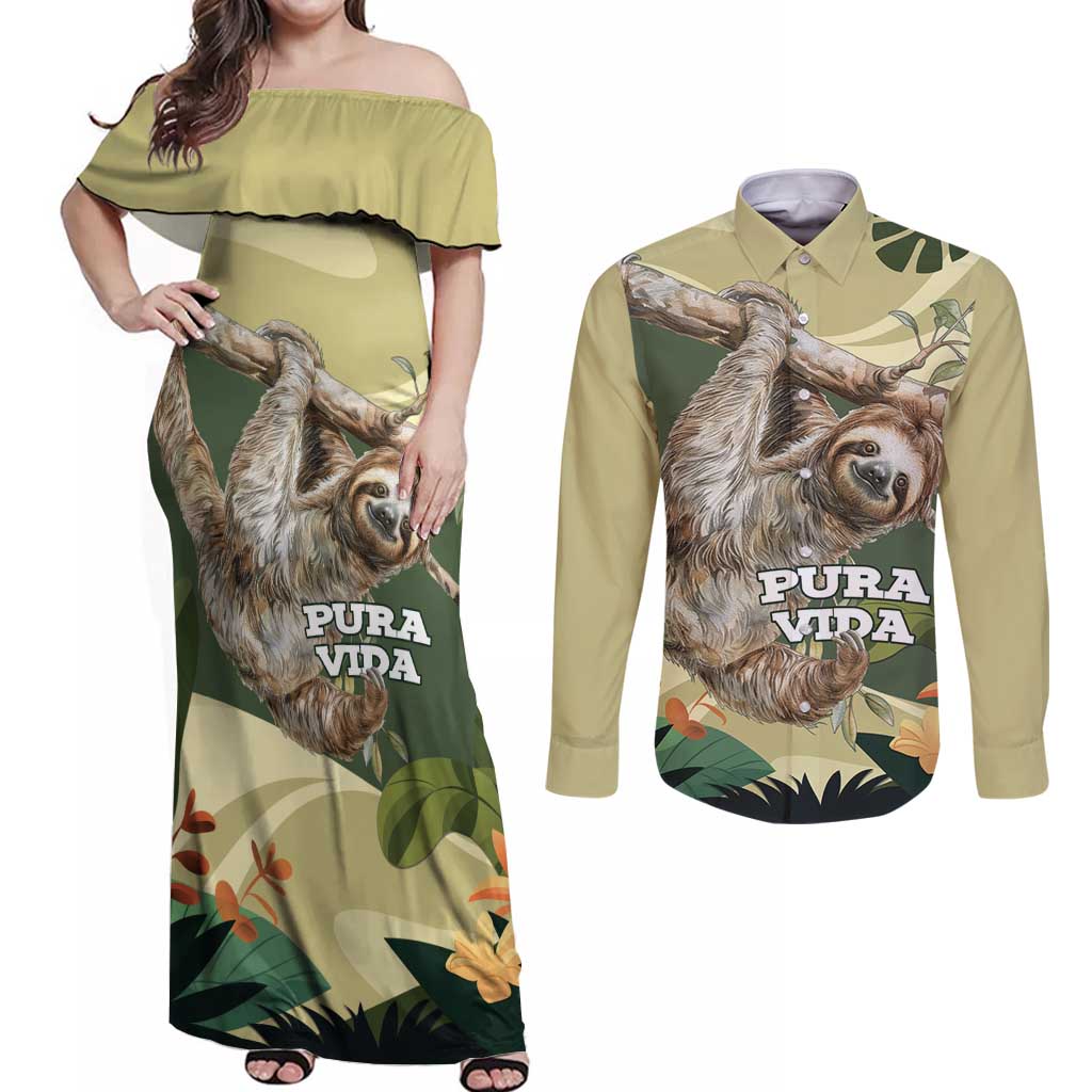 Pura Vida Costa Rica Sloth Couples Matching Off Shoulder Maxi Dress and Long Sleeve Button Shirt Tropical Flowers Vintage Color - Wonder Print Shop