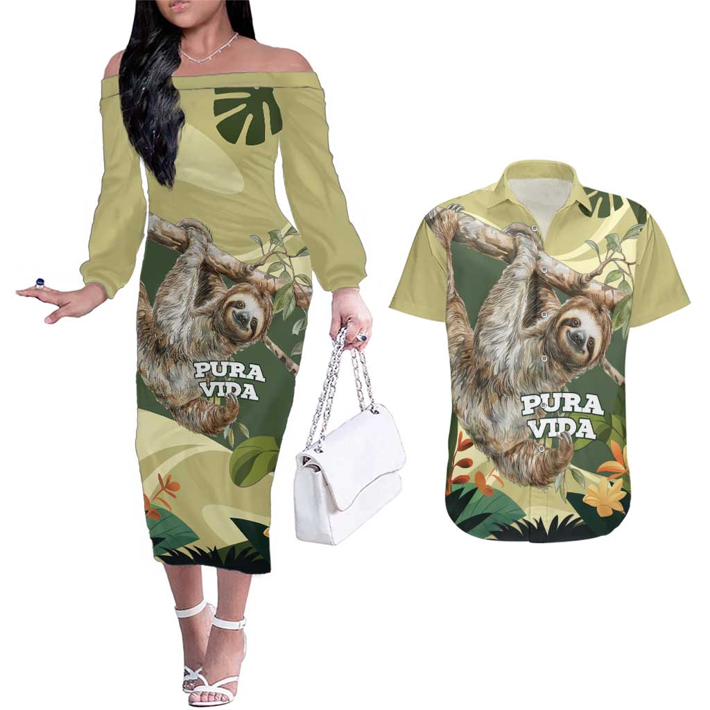 Pura Vida Costa Rica Sloth Couples Matching Off The Shoulder Long Sleeve Dress and Hawaiian Shirt Tropical Flowers Vintage Color - Wonder Print Shop