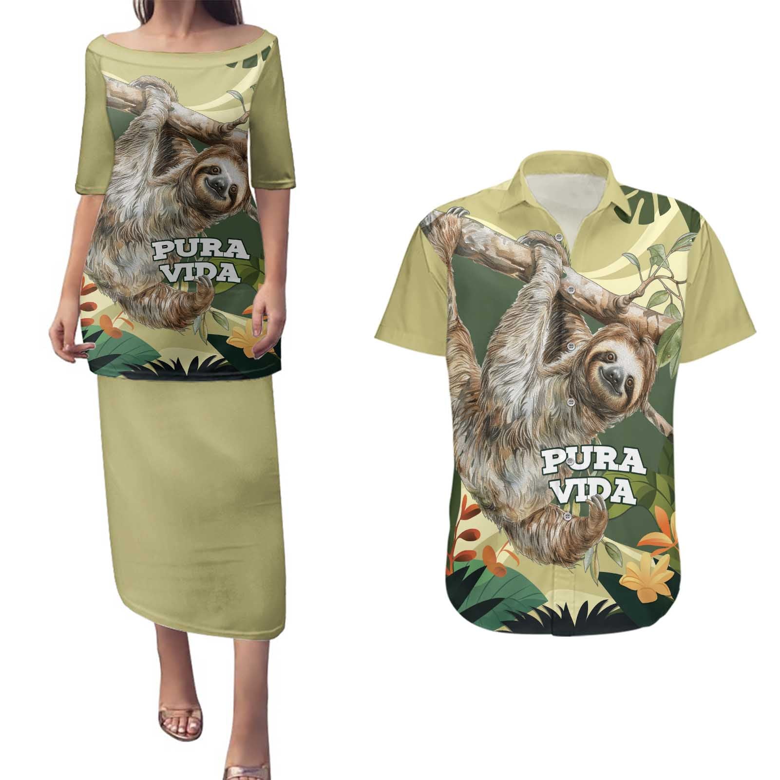 Pura Vida Costa Rica Sloth Couples Matching Puletasi and Hawaiian Shirt Tropical Flowers Vintage Color - Wonder Print Shop