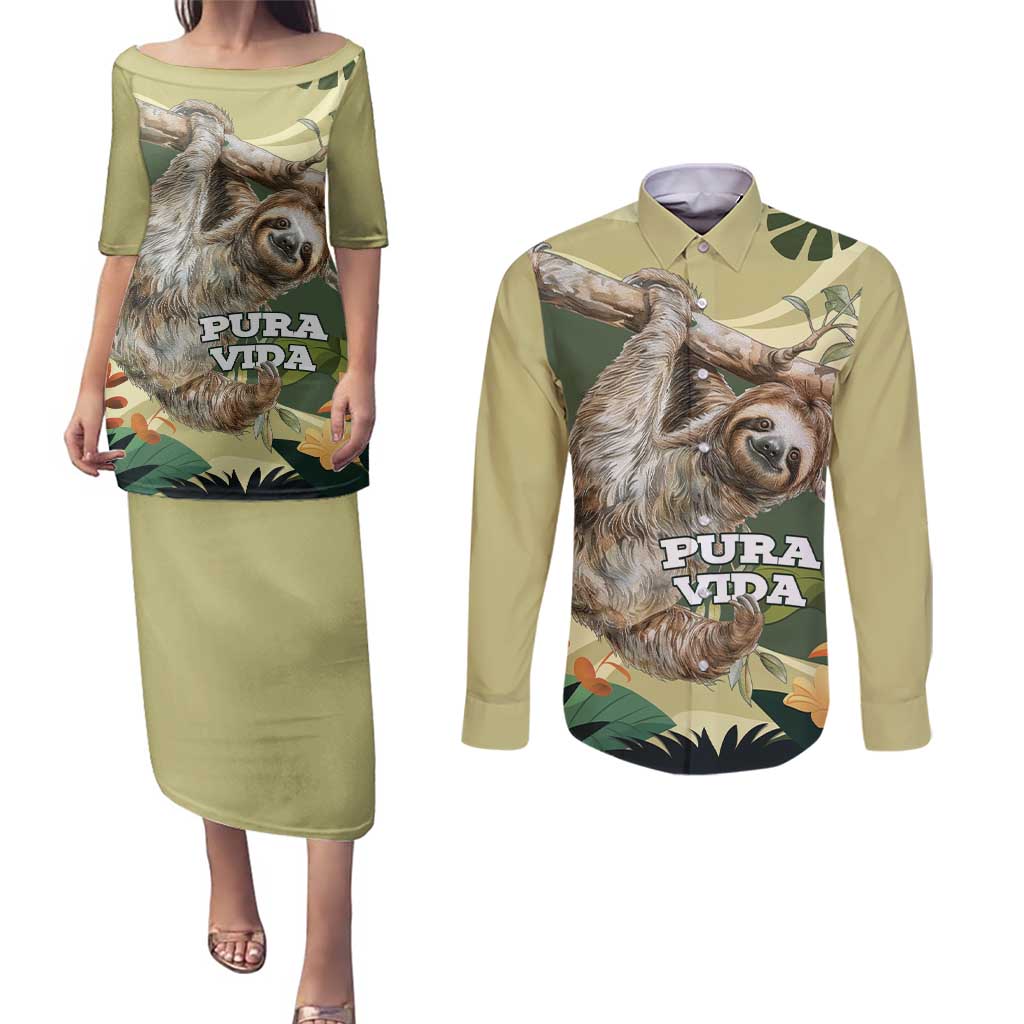 Pura Vida Costa Rica Sloth Couples Matching Puletasi and Long Sleeve Button Shirt Tropical Flowers Vintage Color - Wonder Print Shop