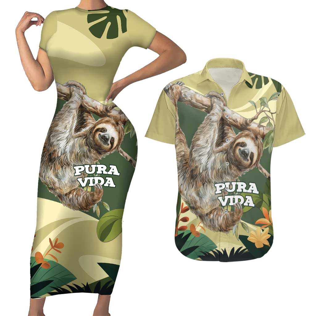 Pura Vida Costa Rica Sloth Couples Matching Short Sleeve Bodycon Dress and Hawaiian Shirt Tropical Flowers Vintage Color - Wonder Print Shop