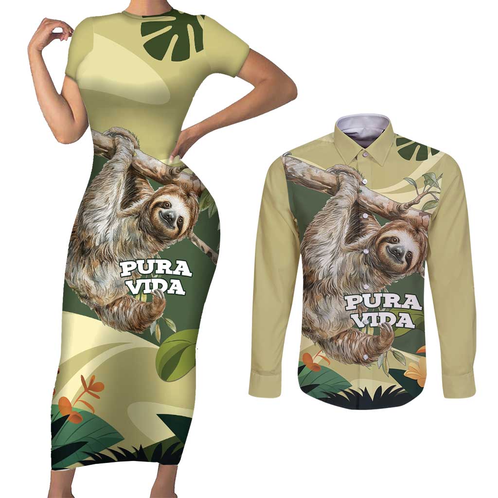 Pura Vida Costa Rica Sloth Couples Matching Short Sleeve Bodycon Dress and Long Sleeve Button Shirt Tropical Flowers Vintage Color - Wonder Print Shop