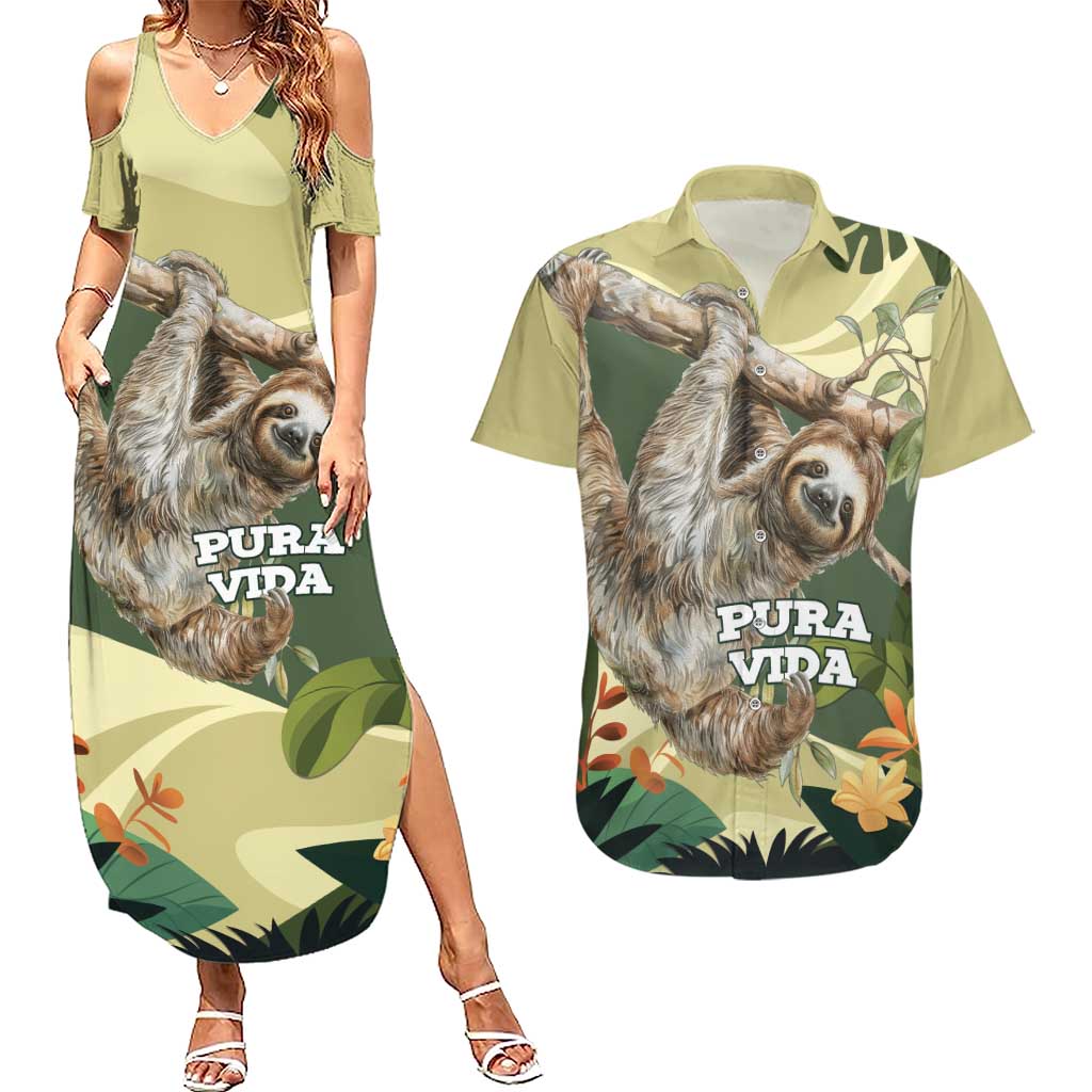 Pura Vida Costa Rica Sloth Couples Matching Summer Maxi Dress and Hawaiian Shirt Tropical Flowers Vintage Color - Wonder Print Shop