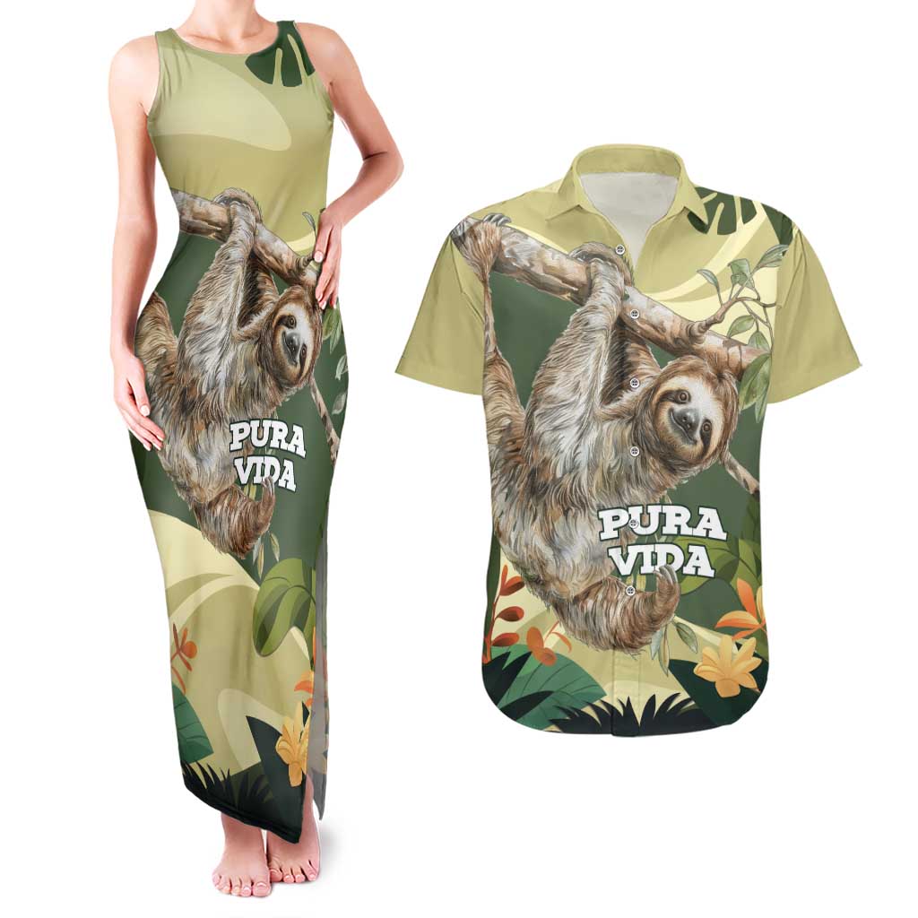 Pura Vida Costa Rica Sloth Couples Matching Tank Maxi Dress and Hawaiian Shirt Tropical Flowers Vintage Color - Wonder Print Shop