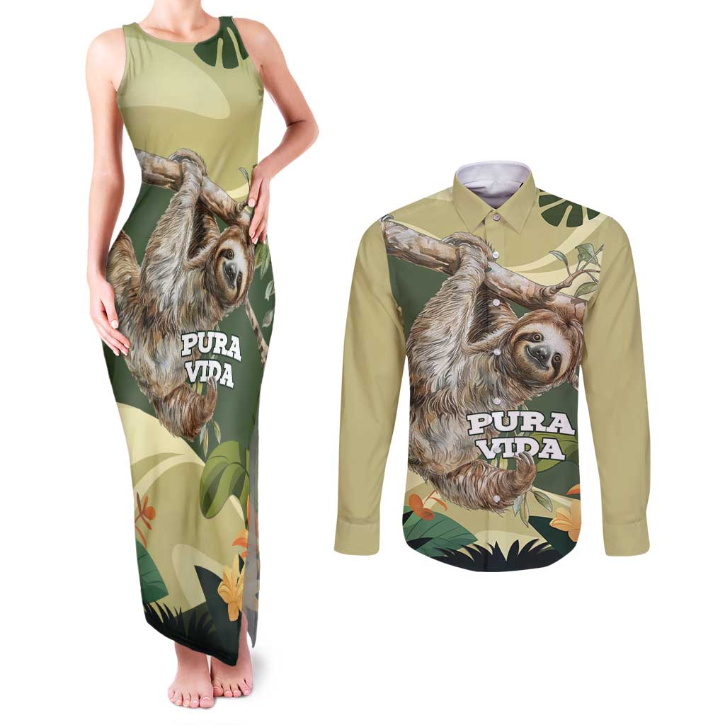 Pura Vida Costa Rica Sloth Couples Matching Tank Maxi Dress and Long Sleeve Button Shirt Tropical Flowers Vintage Color - Wonder Print Shop