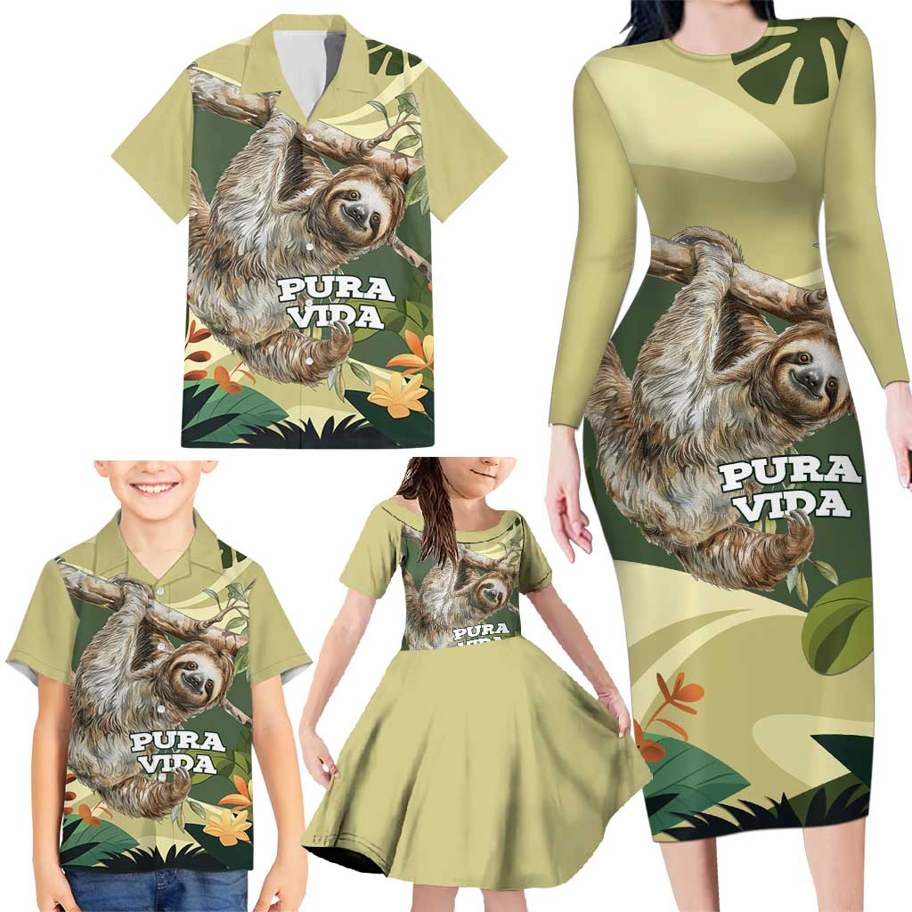 Pura Vida Costa Rica Sloth Family Matching Long Sleeve Bodycon Dress and Hawaiian Shirt Tropical Flowers Vintage Color - Wonder Print Shop