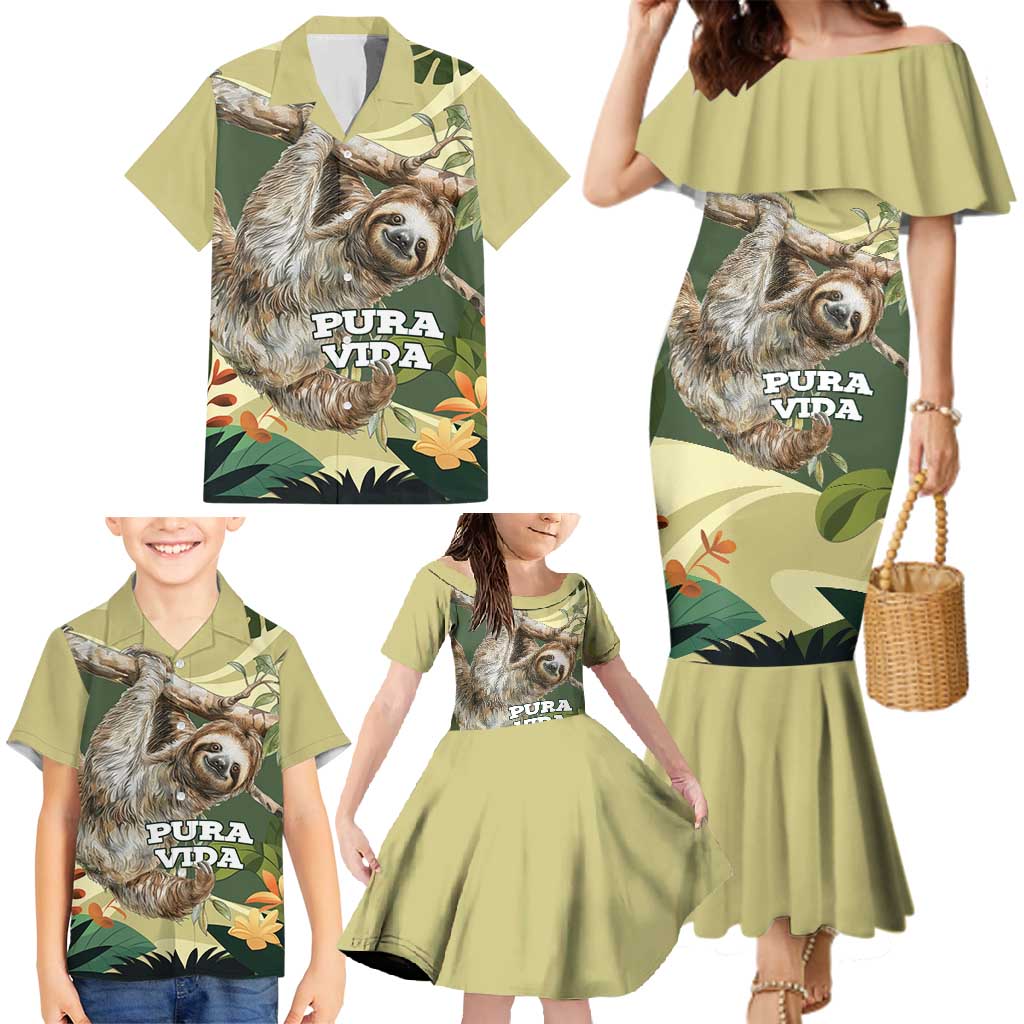 Pura Vida Costa Rica Sloth Family Matching Mermaid Dress and Hawaiian Shirt Tropical Flowers Vintage Color - Wonder Print Shop