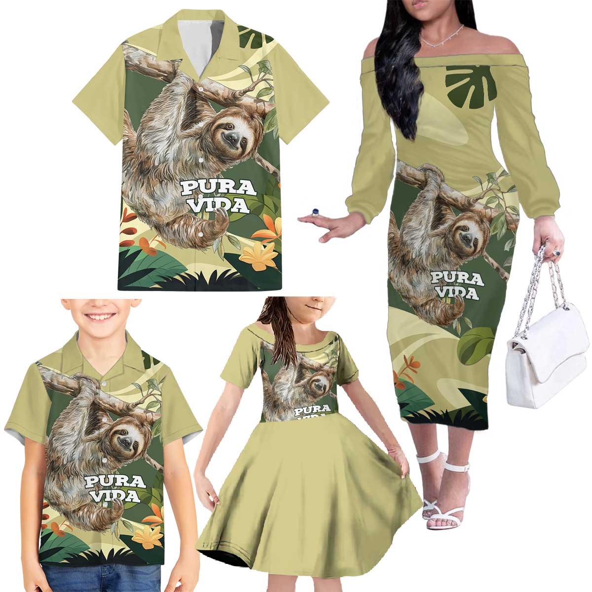 Pura Vida Costa Rica Sloth Family Matching Off The Shoulder Long Sleeve Dress and Hawaiian Shirt Tropical Flowers Vintage Color - Wonder Print Shop