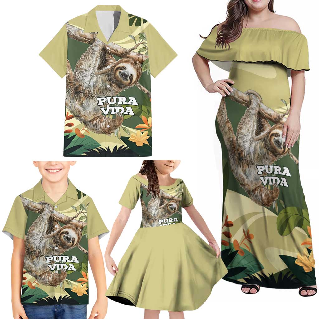 Pura Vida Costa Rica Sloth Family Matching Off Shoulder Maxi Dress and Hawaiian Shirt Tropical Flowers Vintage Color - Wonder Print Shop