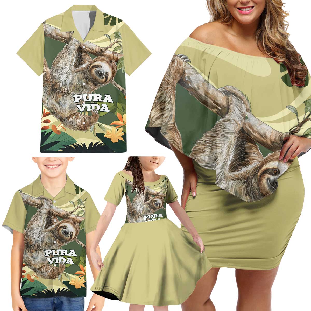 Pura Vida Costa Rica Sloth Family Matching Off Shoulder Short Dress and Hawaiian Shirt Tropical Flowers Vintage Color - Wonder Print Shop