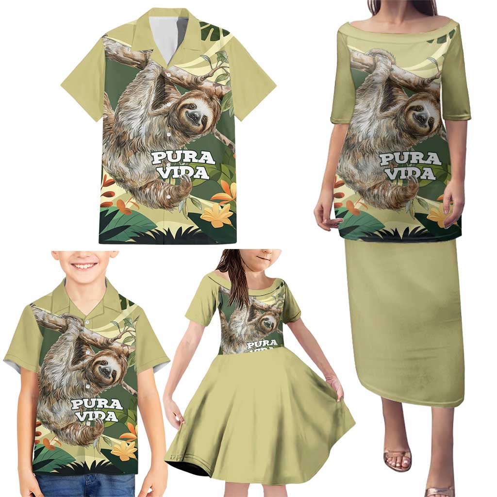 Pura Vida Costa Rica Sloth Family Matching Puletasi and Hawaiian Shirt Tropical Flowers Vintage Color - Wonder Print Shop