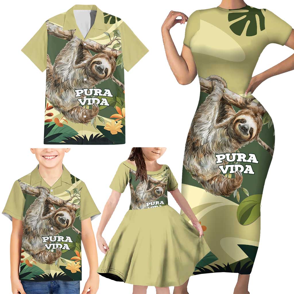 Pura Vida Costa Rica Sloth Family Matching Short Sleeve Bodycon Dress and Hawaiian Shirt Tropical Flowers Vintage Color - Wonder Print Shop