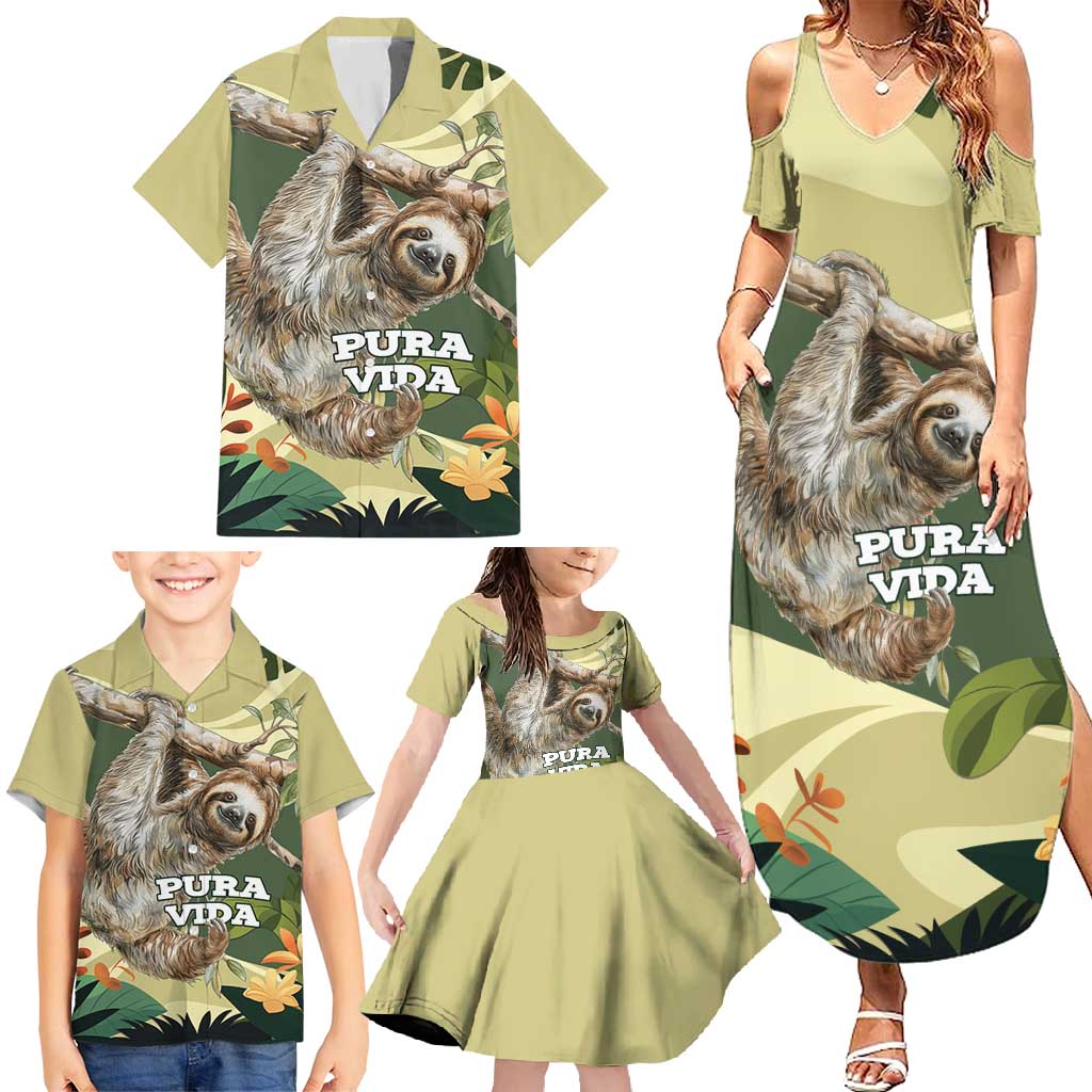 Pura Vida Costa Rica Sloth Family Matching Summer Maxi Dress and Hawaiian Shirt Tropical Flowers Vintage Color - Wonder Print Shop