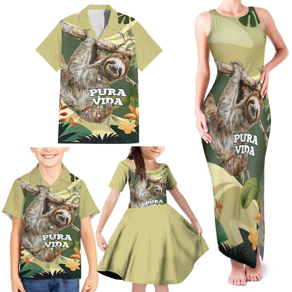 Pura Vida Costa Rica Sloth Family Matching Tank Maxi Dress and Hawaiian Shirt Tropical Flowers Vintage Color - Wonder Print Shop