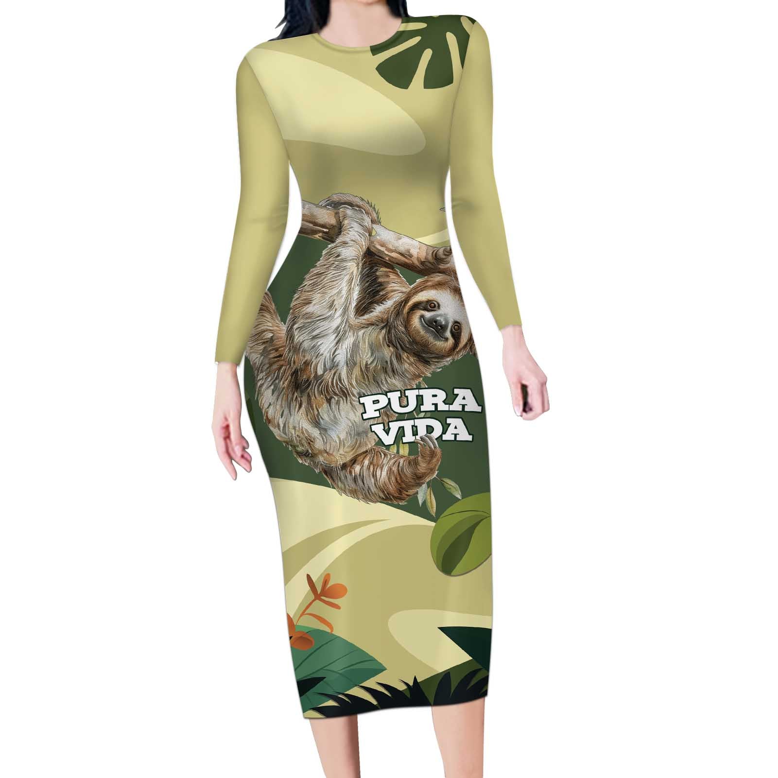 Pura Vida Costa Rica Sloth Long Sleeve Bodycon Dress Tropical Flowers Vintage Color - Wonder Print Shop