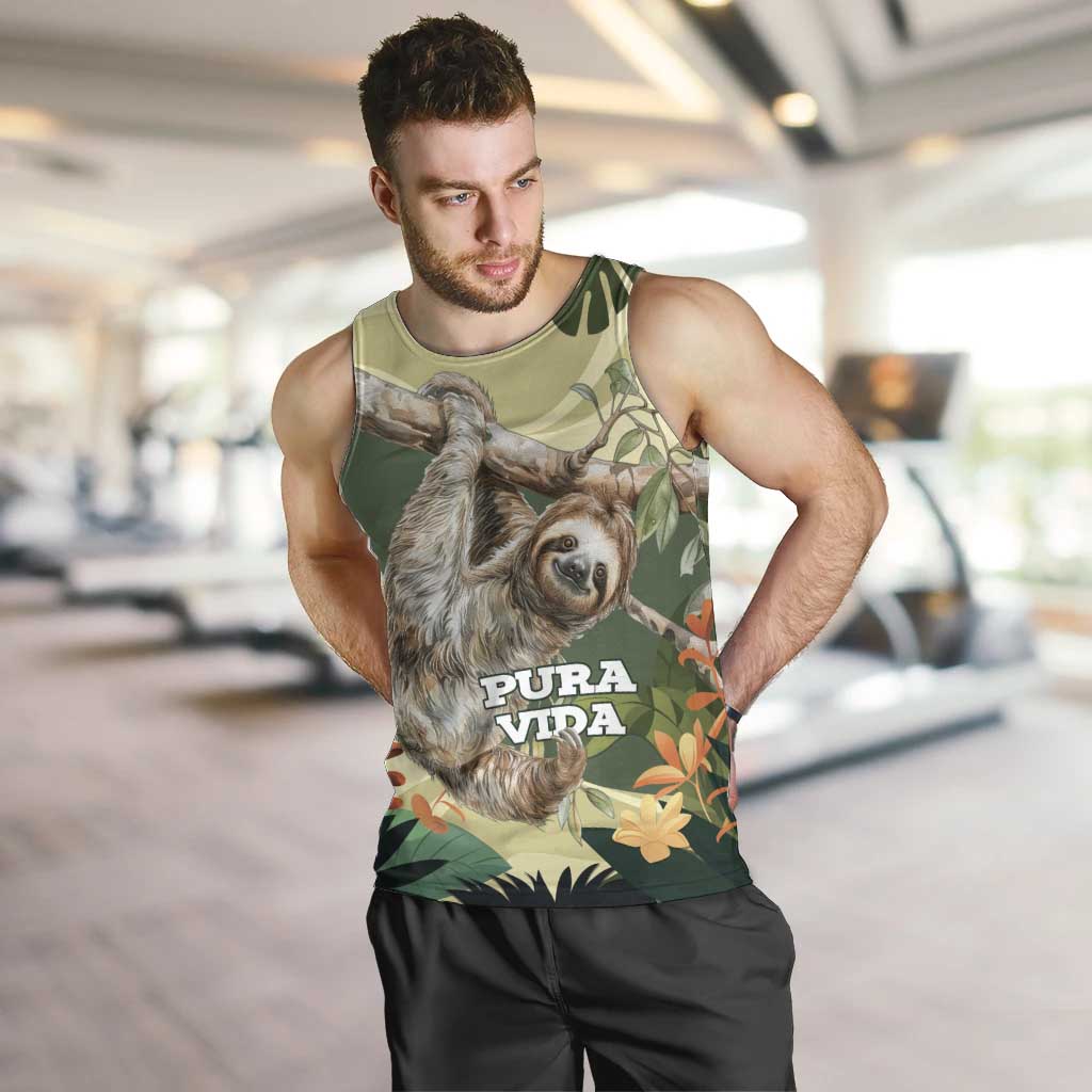 Pura Vida Costa Rica Sloth Men Tank Top Tropical Flowers Vintage Color - Wonder Print Shop