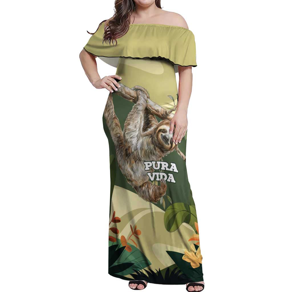 Pura Vida Costa Rica Sloth Off Shoulder Maxi Dress Tropical Flowers Vintage Color - Wonder Print Shop