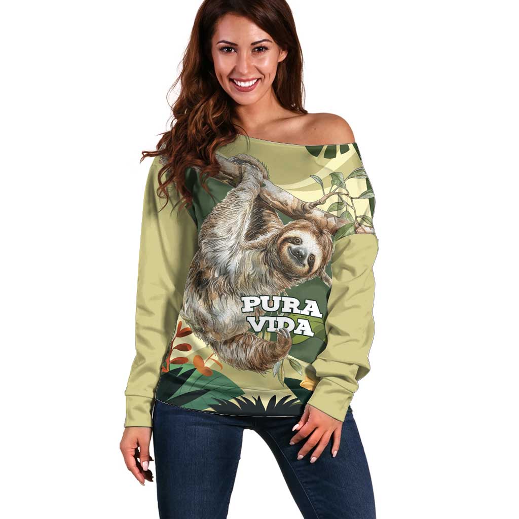 Pura Vida Costa Rica Sloth Off Shoulder Sweater Tropical Flowers Vintage Color - Wonder Print Shop