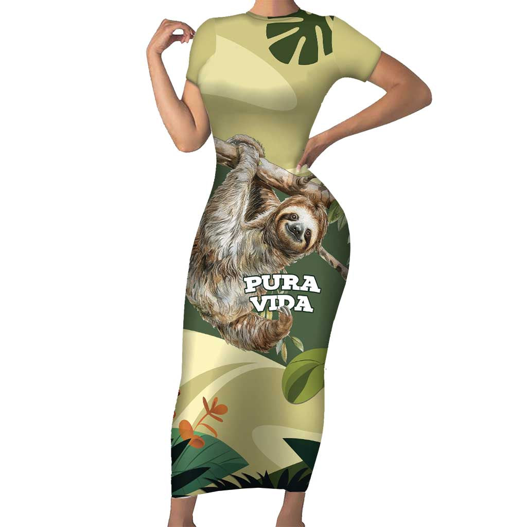 Pura Vida Costa Rica Sloth Short Sleeve Bodycon Dress Tropical Flowers Vintage Color - Wonder Print Shop