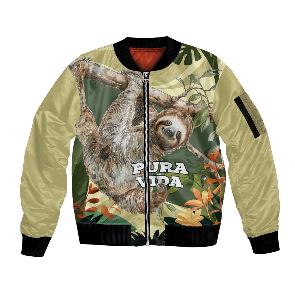 Pura Vida Costa Rica Sloth Sleeve Zip Bomber Jacket Tropical Flowers Vintage Color - Wonder Print Shop