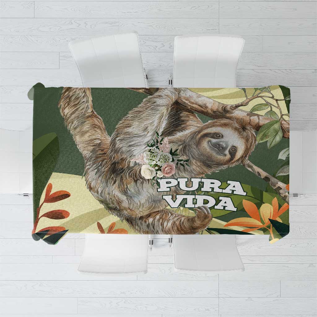 Green Pura Vida sloth tablecloth with tropical floral print, vintage palette