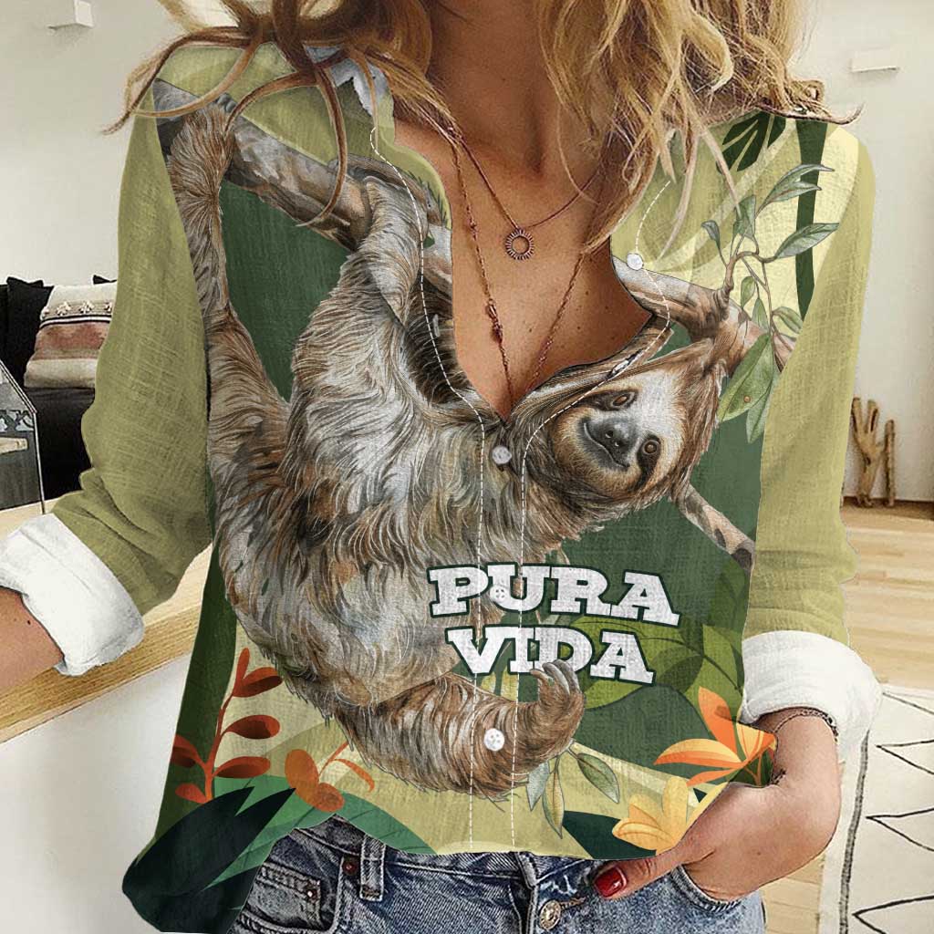 Pura Vida Costa Rica Sloth Women Casual Shirt Tropical Flowers Vintage Color