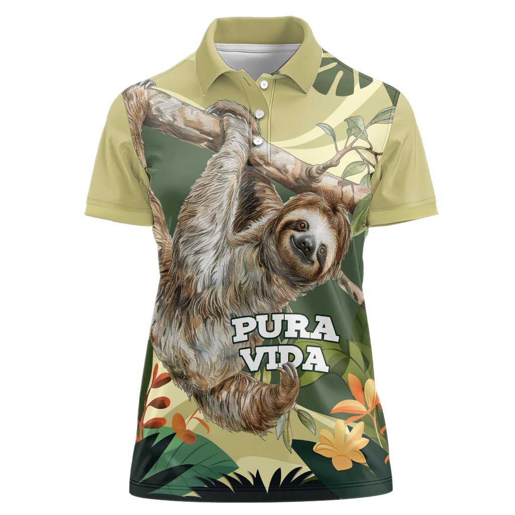 Pura Vida Costa Rica Sloth Women Polo Shirt Tropical Flowers Vintage Color - Wonder Print Shop