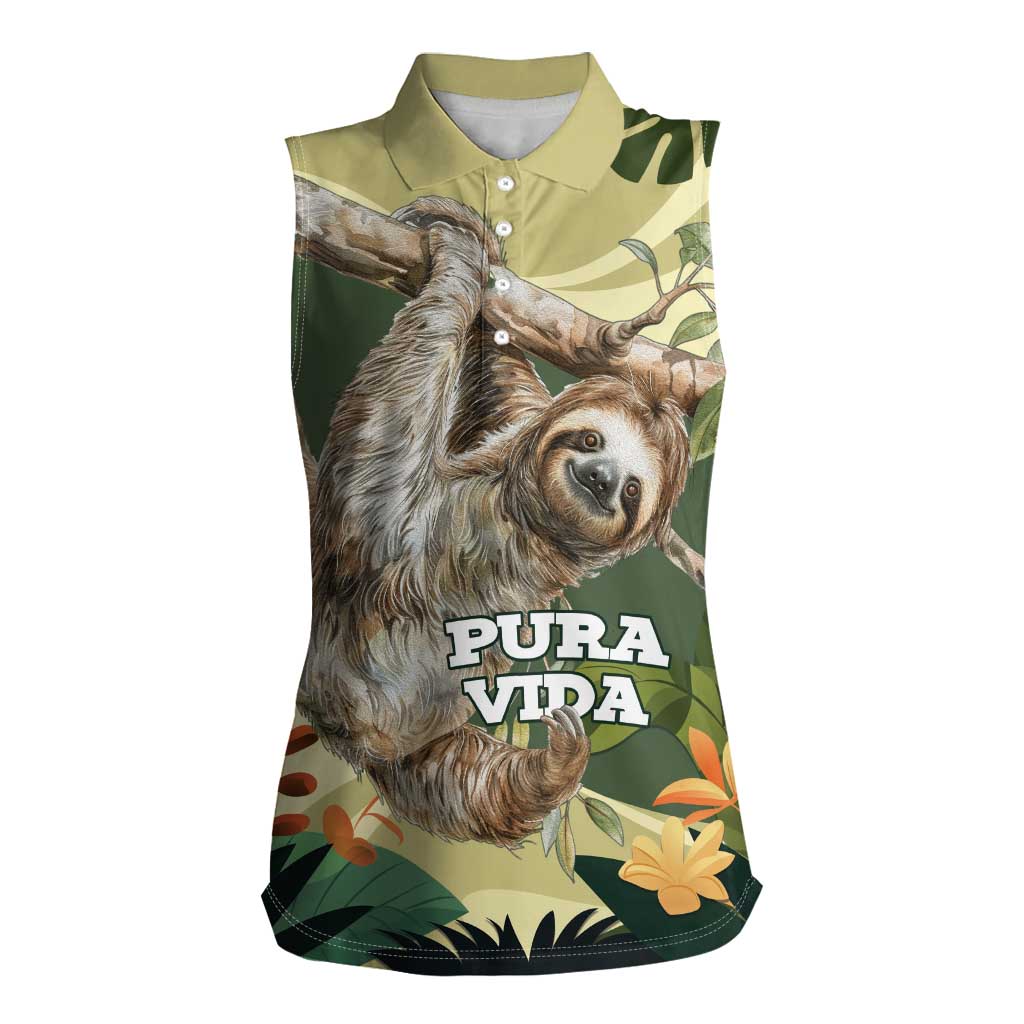 Pura Vida Costa Rica Sloth Women Sleeveless Polo Shirt Tropical Flowers Vintage Color - Wonder Print Shop