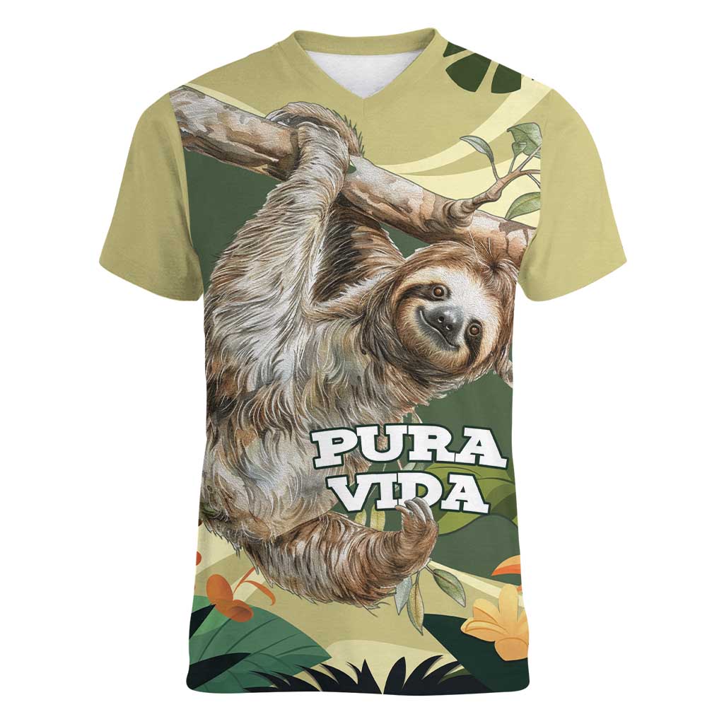 Pura Vida Costa Rica Sloth Women V-Neck T-Shirt Tropical Flowers Vintage Color - Wonder Print Shop