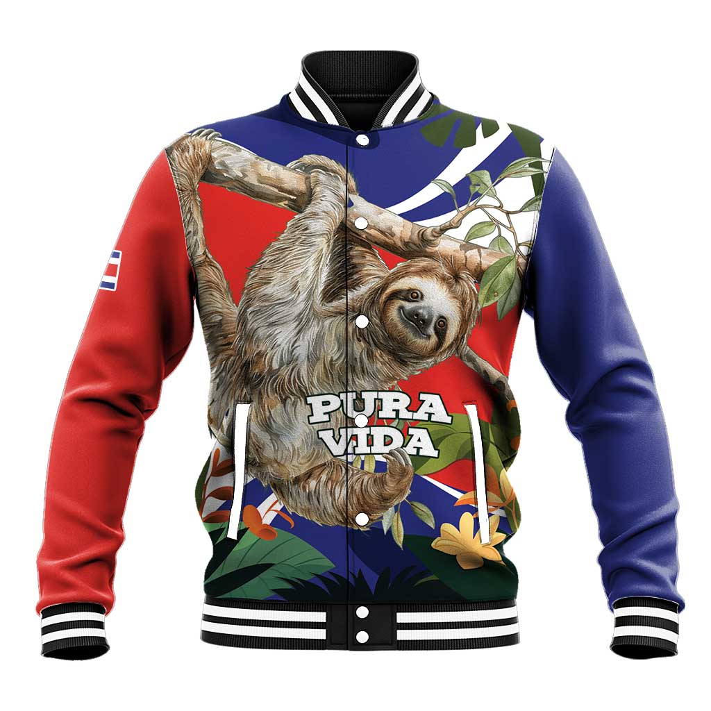 Blue baseball jacket with sloth graphic and tropical floral print, striped collar and cuffs