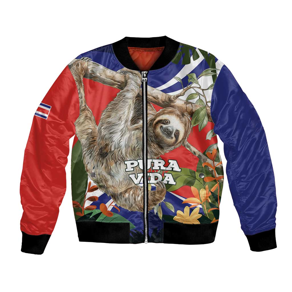 Unisex bomber jacket with sloth graphic, tropical flowers, blue red green, zip front
