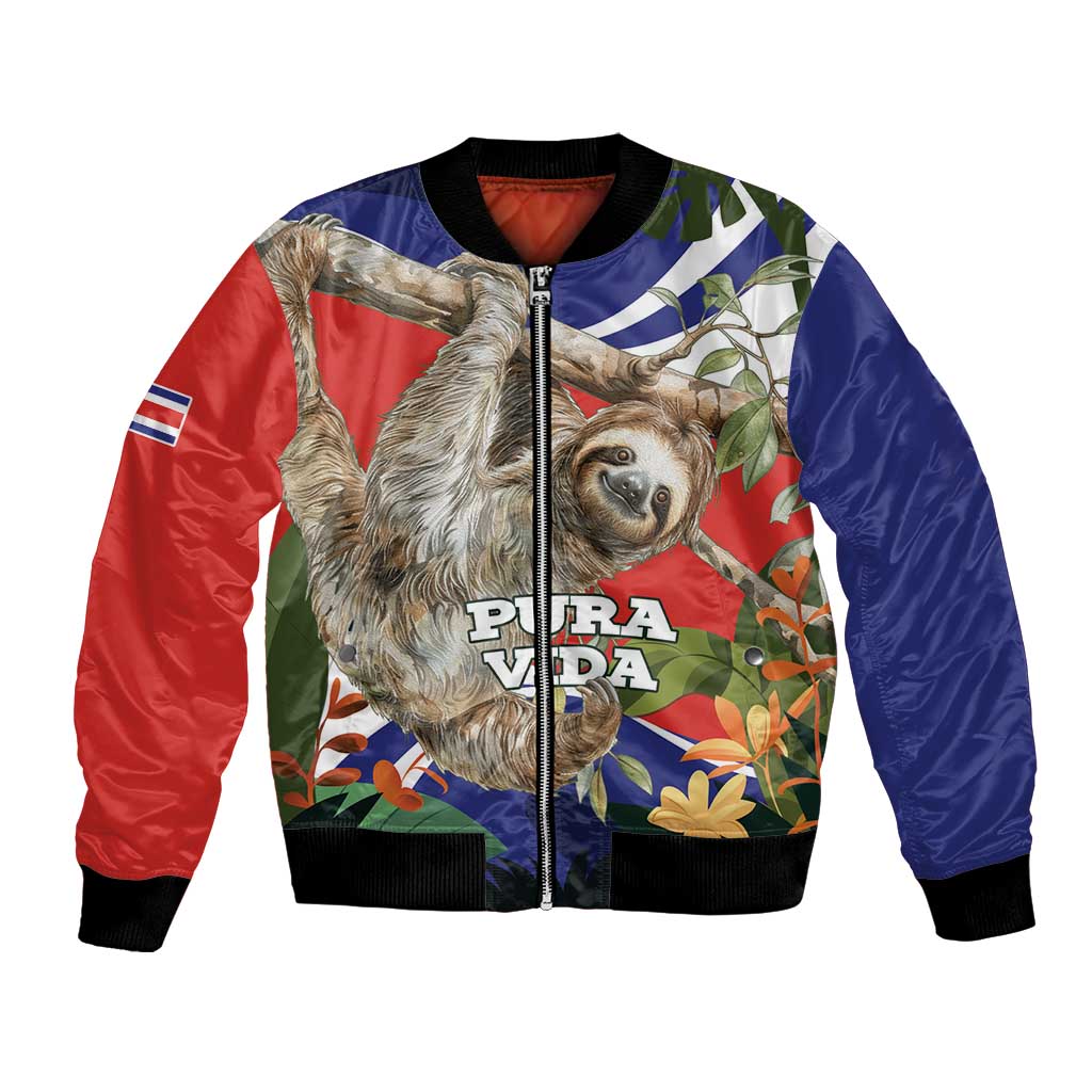 Pura Vida Costa Rica Sloth Bomber Jacket Tropical Flowers Flag Color - Wonder Print Shop