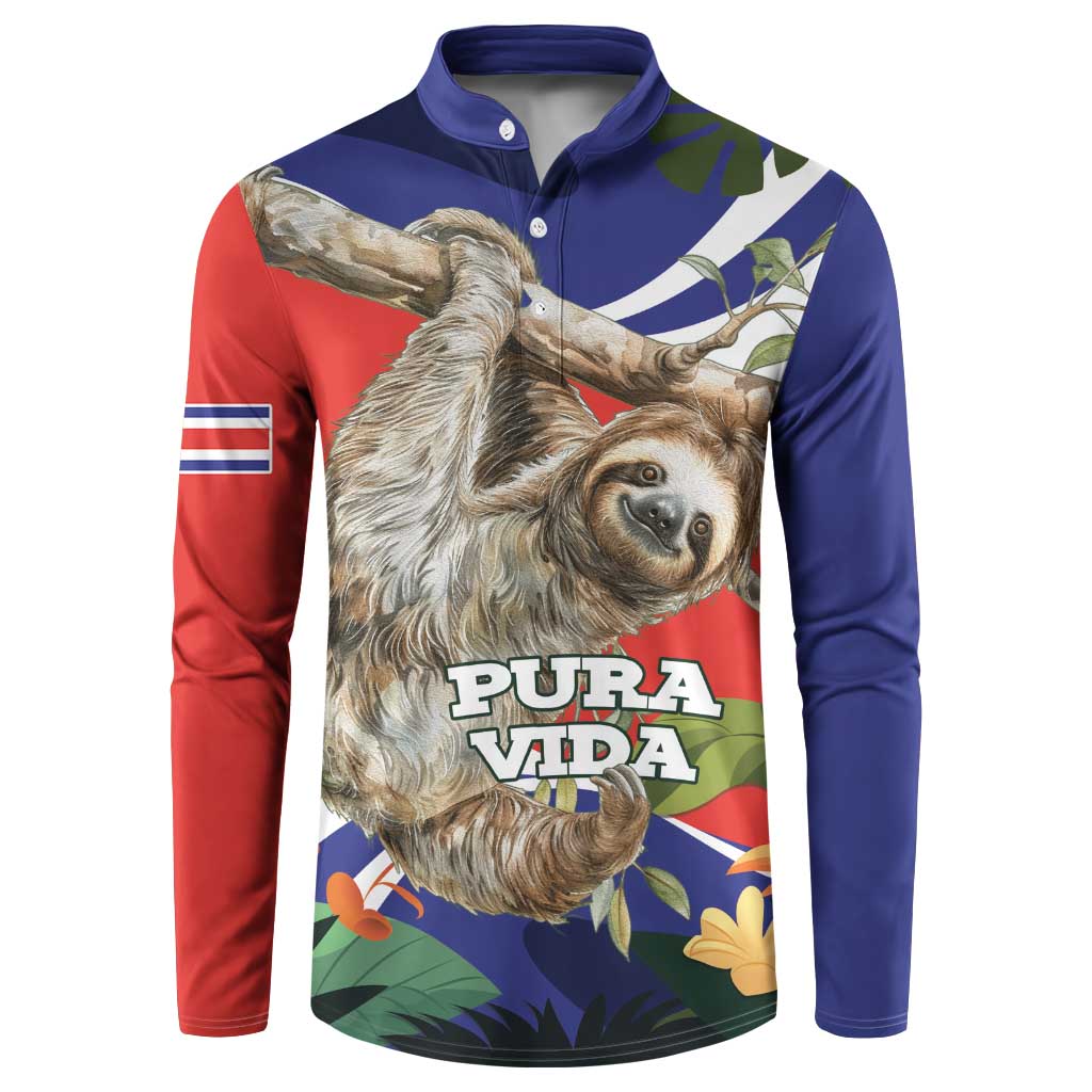 Front blue button sweatshirt with sloth graphic, Pura Vida text, tropical leaf print