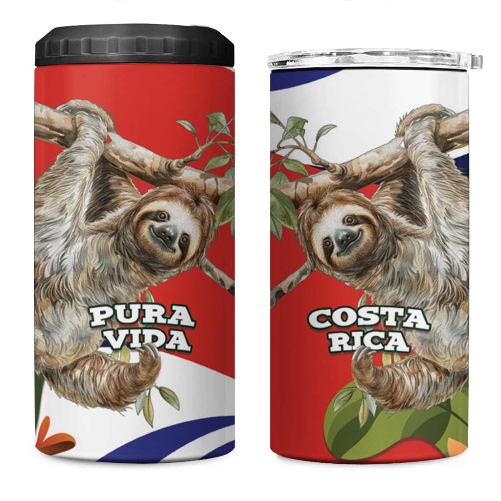 Pura Vida Costa Rica Sloth 4 in 1 Can Cooler Tumbler Tropical Flowers Flag Color - Wonder Print Shop