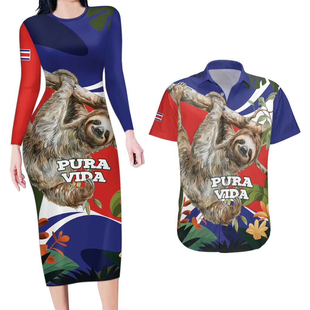 Pura Vida Costa Rica Sloth Couples Matching Long Sleeve Bodycon Dress and Hawaiian Shirt Tropical Flowers Flag Color - Wonder Print Shop