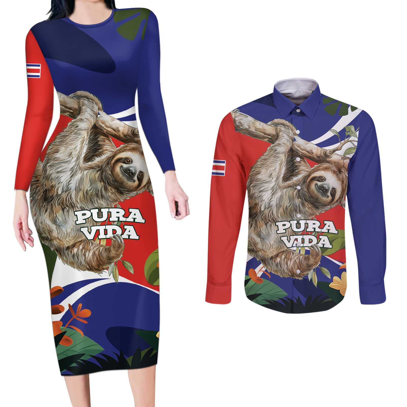 Pura Vida Costa Rica Sloth Couples Matching Long Sleeve Bodycon Dress and Long Sleeve Button Shirt Tropical Flowers Flag Color - Wonder Print Shop