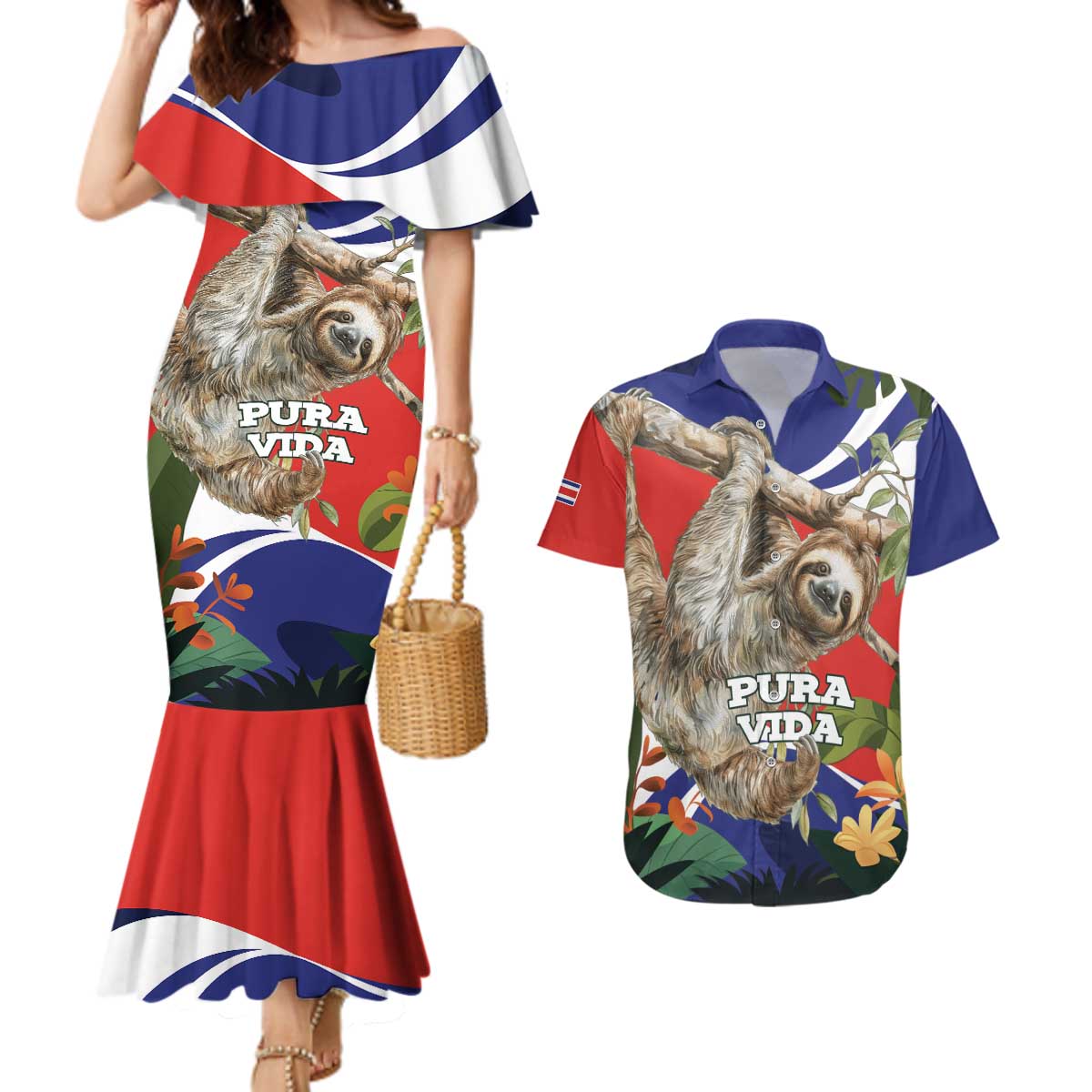 Pura Vida Costa Rica Sloth Couples Matching Mermaid Dress and Hawaiian Shirt Tropical Flowers Flag Color - Wonder Print Shop