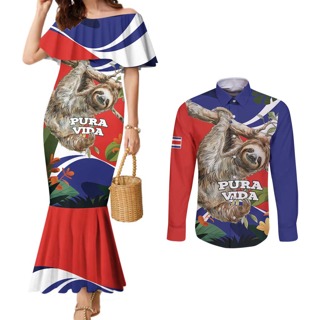 Pura Vida Costa Rica Sloth Couples Matching Mermaid Dress and Long Sleeve Button Shirt Tropical Flowers Flag Color