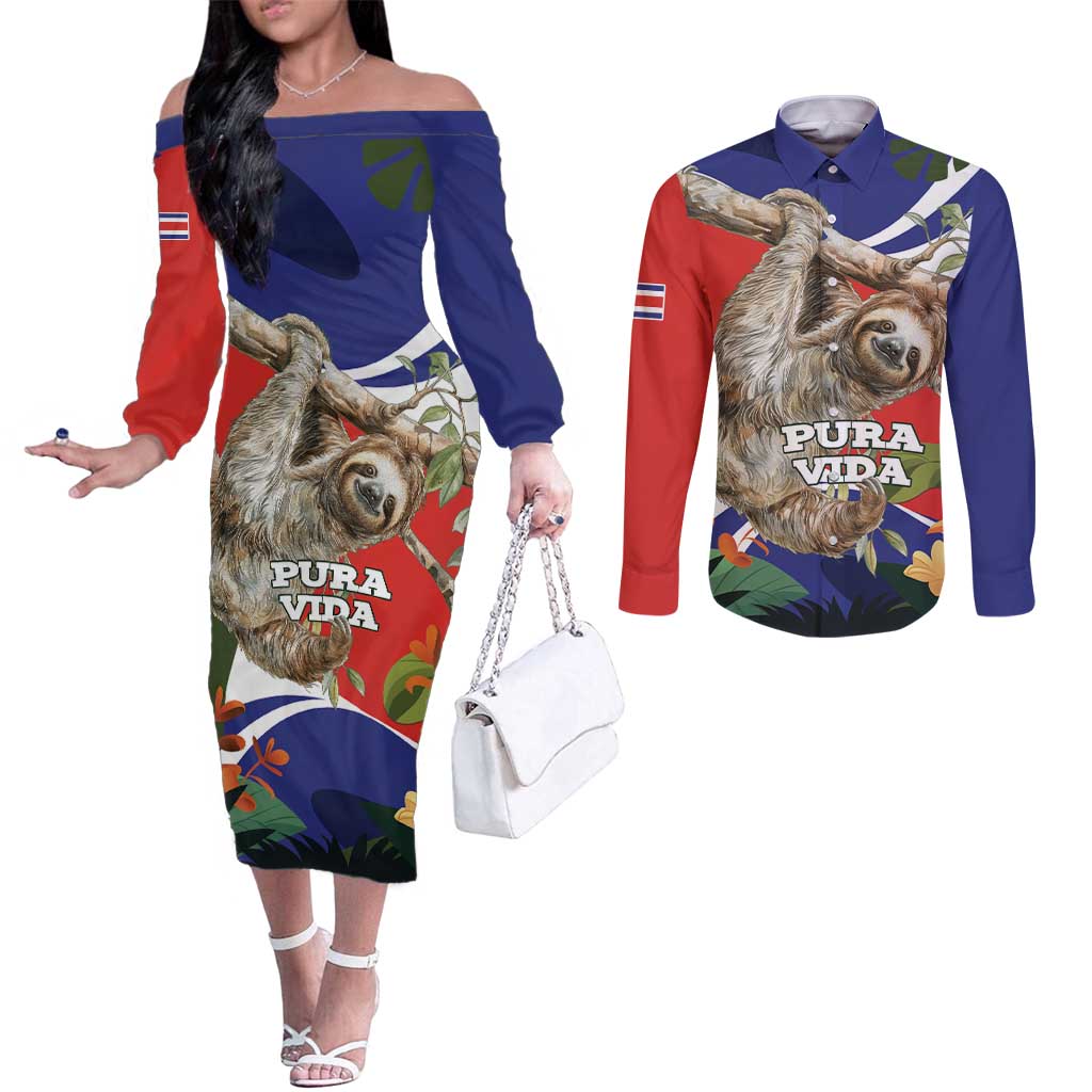 Pura Vida Costa Rica Sloth Couples Matching Off The Shoulder Long Sleeve Dress and Long Sleeve Button Shirt Tropical Flowers Flag Color