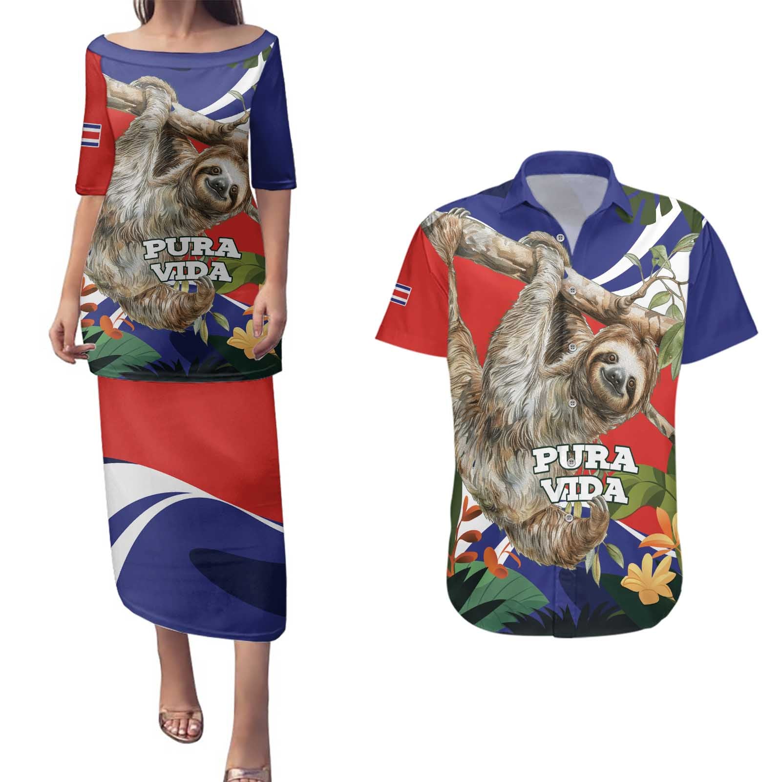 Pura Vida Costa Rica Sloth Couples Matching Puletasi and Hawaiian Shirt Tropical Flowers Flag Color - Wonder Print Shop