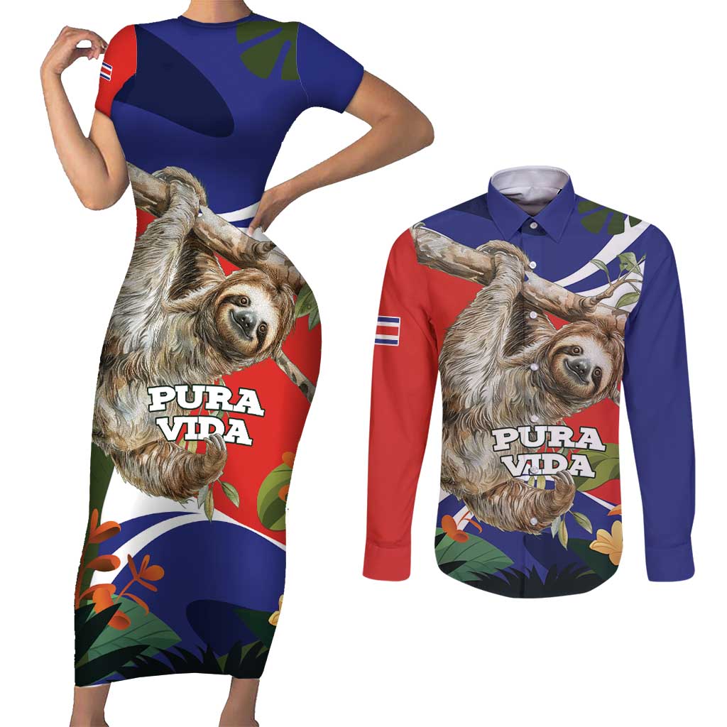 Pura Vida Costa Rica Sloth Couples Matching Short Sleeve Bodycon Dress and Long Sleeve Button Shirt Tropical Flowers Flag Color - Wonder Print Shop