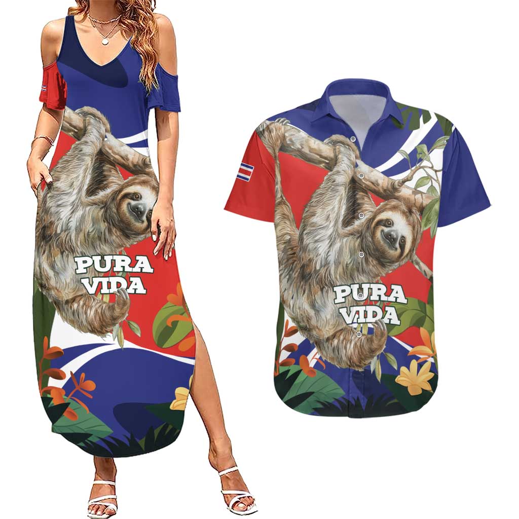 Pura Vida Costa Rica Sloth Couples Matching Summer Maxi Dress and Hawaiian Shirt Tropical Flowers Flag Color - Wonder Print Shop