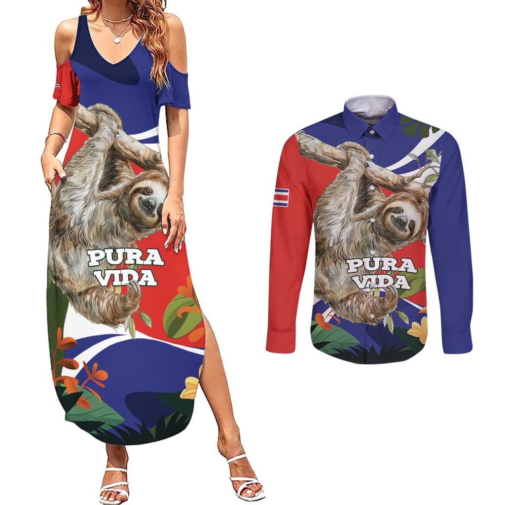 Pura Vida Costa Rica Sloth Couples Matching Summer Maxi Dress and Long Sleeve Button Shirt Tropical Flowers Flag Color - Wonder Print Shop