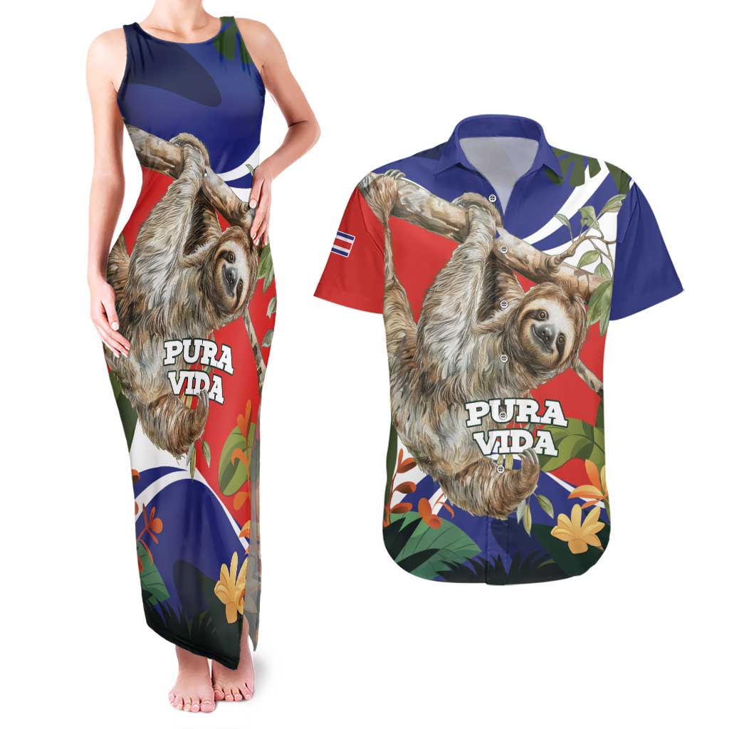 Pura Vida Costa Rica Sloth Couples Matching Tank Maxi Dress and Hawaiian Shirt Tropical Flowers Flag Color - Wonder Print Shop