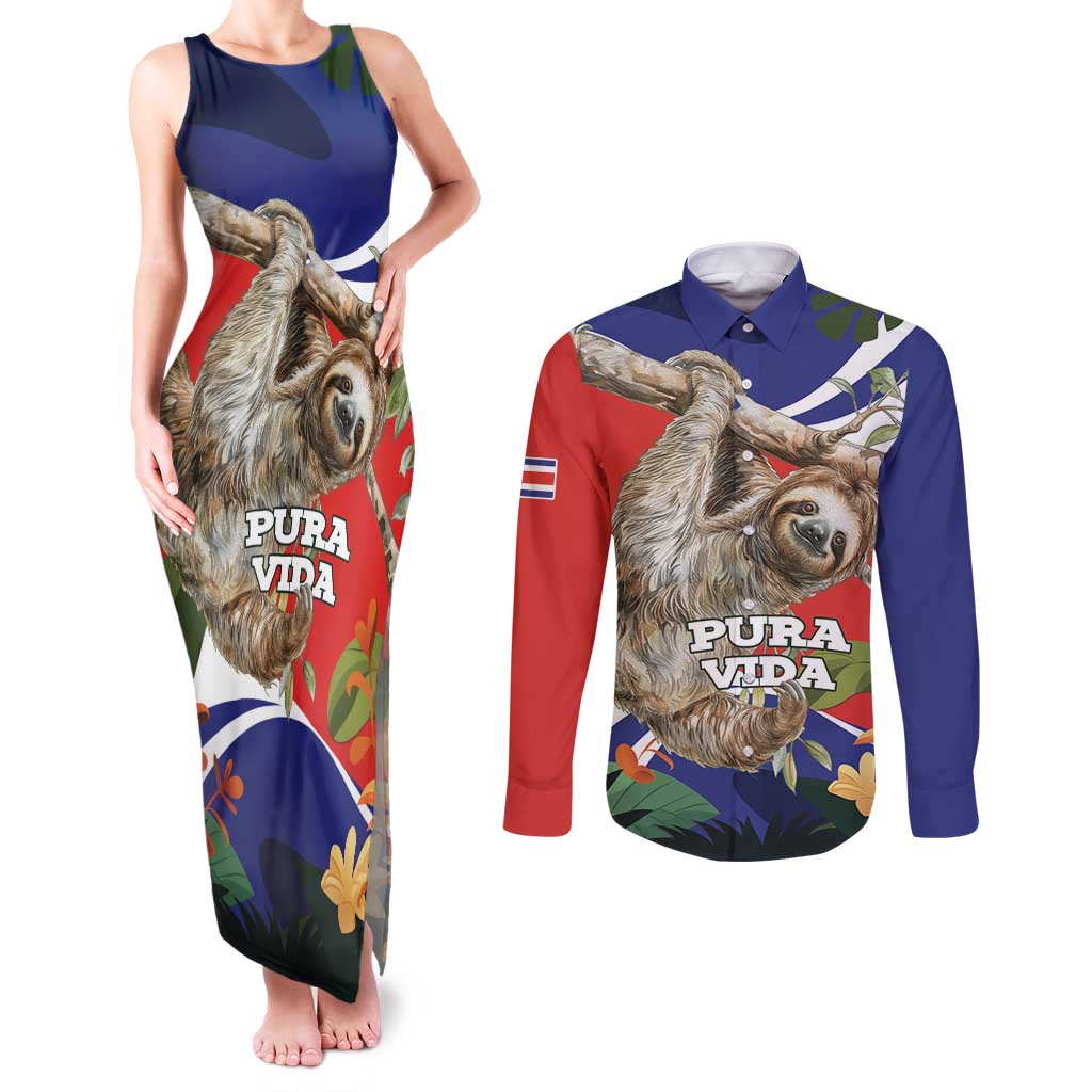 Pura Vida Costa Rica Sloth Couples Matching Tank Maxi Dress and Long Sleeve Button Shirt Tropical Flowers Flag Color - Wonder Print Shop