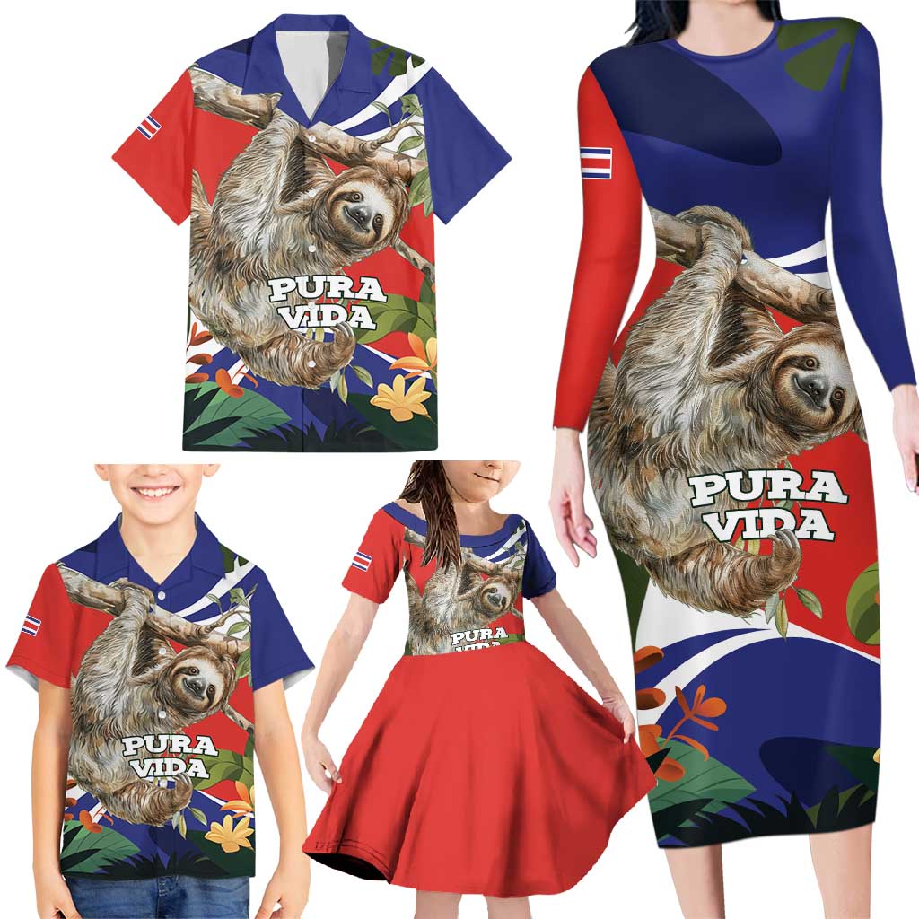 Pura Vida Costa Rica Sloth Family Matching Long Sleeve Bodycon Dress and Hawaiian Shirt Tropical Flowers Flag Color - Wonder Print Shop