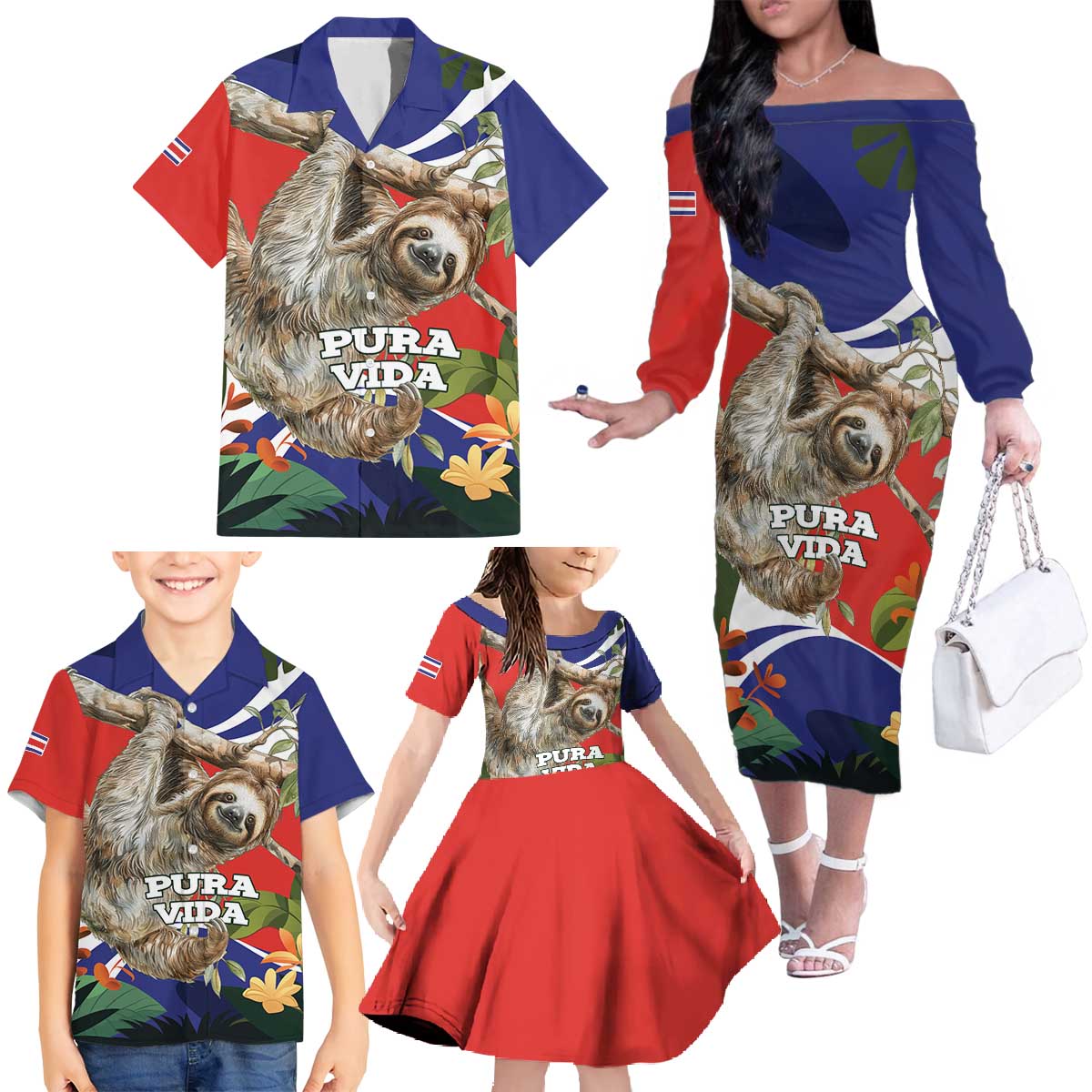 Pura Vida Costa Rica Sloth Family Matching Off The Shoulder Long Sleeve Dress and Hawaiian Shirt Tropical Flowers Flag Color - Wonder Print Shop