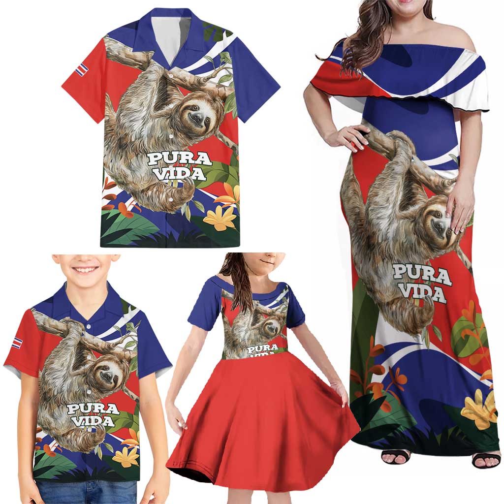 Pura Vida Costa Rica Sloth Family Matching Off Shoulder Maxi Dress and Hawaiian Shirt Tropical Flowers Flag Color - Wonder Print Shop