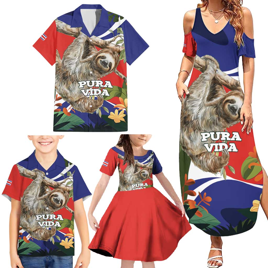 Pura Vida Costa Rica Sloth Family Matching Summer Maxi Dress and Hawaiian Shirt Tropical Flowers Flag Color - Wonder Print Shop